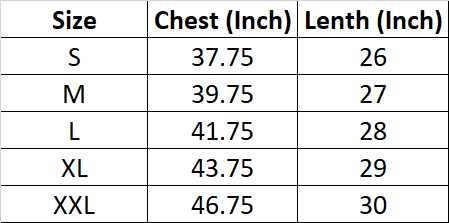 Size Chart for Mens Basic Polo