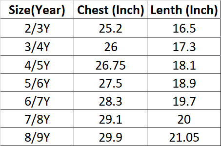 Size Chart for Boys Fashion Tee