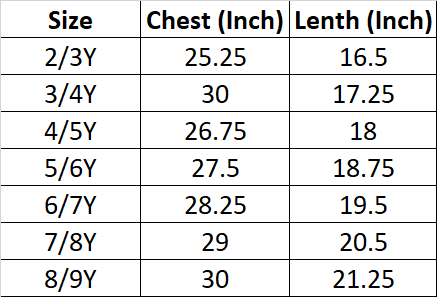 Size Chart for Boys Fashion Tee