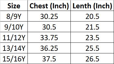 Size Chart for Senior Boys Tee