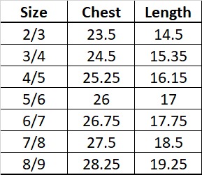 Size Chart for Girls SS Tee