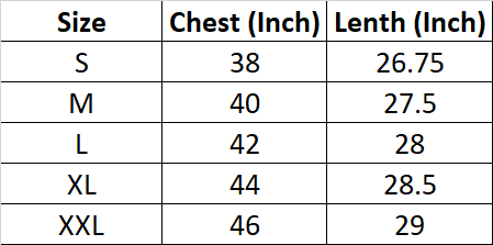 Size Chart for Mens SS Tee
