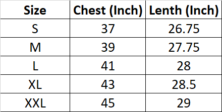 Size Chart for Mens Fashion Polo