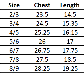 Size Chart for Girls Tee