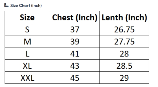 Size Chart for Mens SS Tee